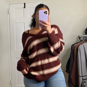 56) NWT American Eagle Outfitters Burgundy Red Pink Stripe Knit Sweater Small